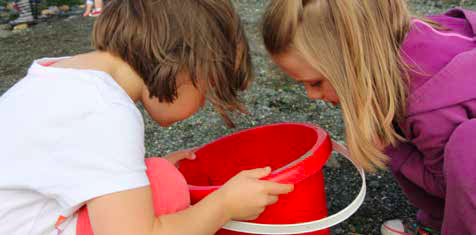 Two kids looking at a toy bucket